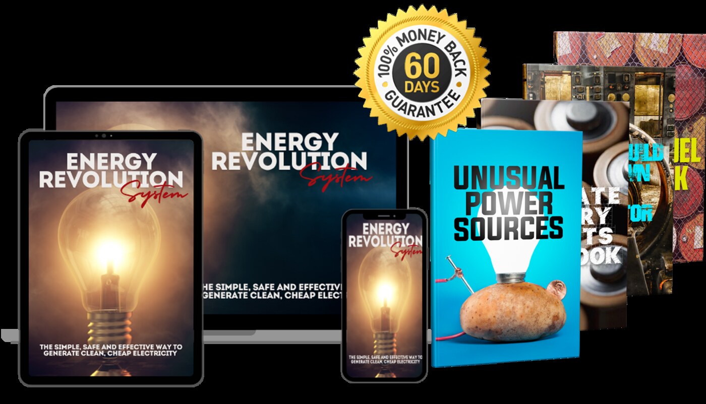 Energy Revolution System guide shown across laptop, tablet, and phone, with included bonus guides and 60-day guarantee badge